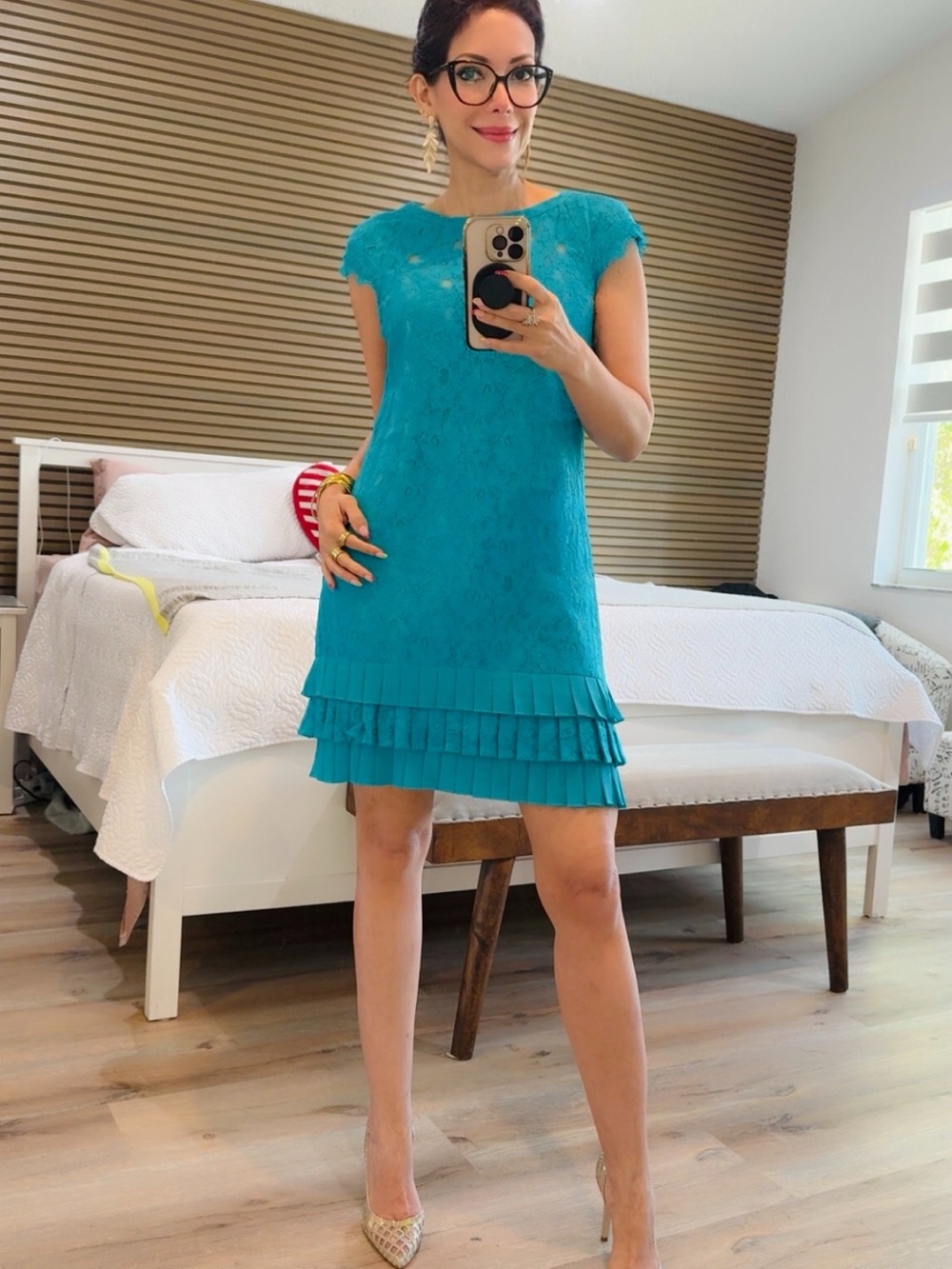 Jessica Simpson Teal Lace Cap-Sleeve Mini Dress with Tiered Ruffle Hem